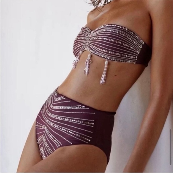 New Oceanus Lara  Crystals Beaded Bikini Bottom Swim Free People Plum Large - Picture 6 of 8